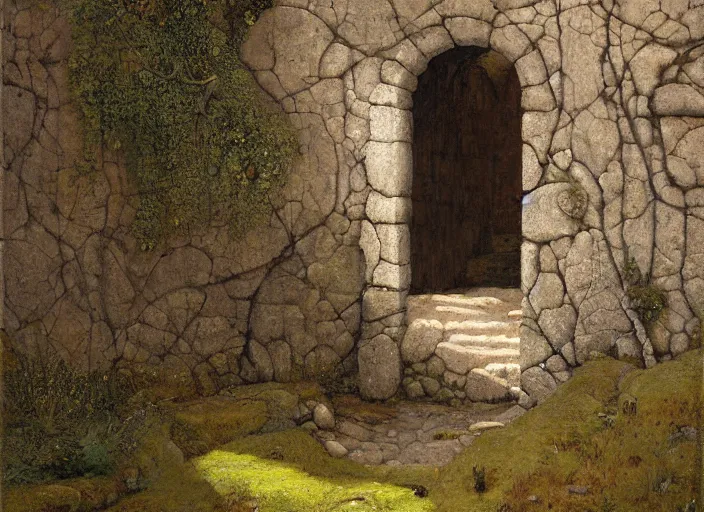 Prompt: labyrinth stone wall with two doors. one is a a carved stone door overgrown with moss. the other is a door made of old wood and rusty metal. by edgar maxence and caravaggio and michael whelan and delacroix style, artistic, intricate painting, cinematic lighting, hyper realistic, extremely detailed, 8 k resolution, establishing shot, dramatic lighting