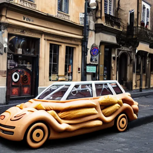 Image similar to street view image a car made of croissant