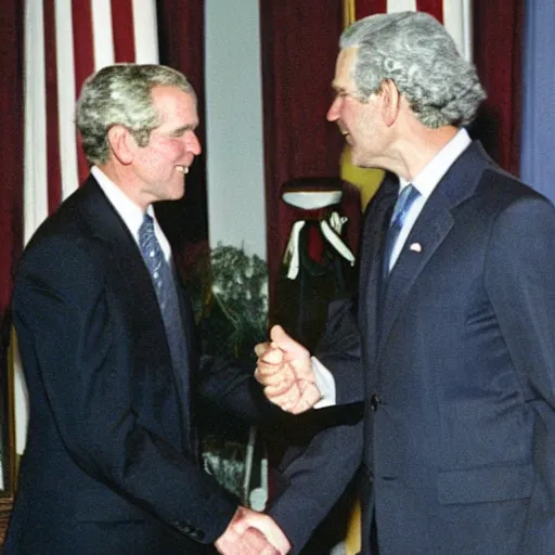 Prompt: George W bush shaking hands with George Washington and a rocket propelled grenade