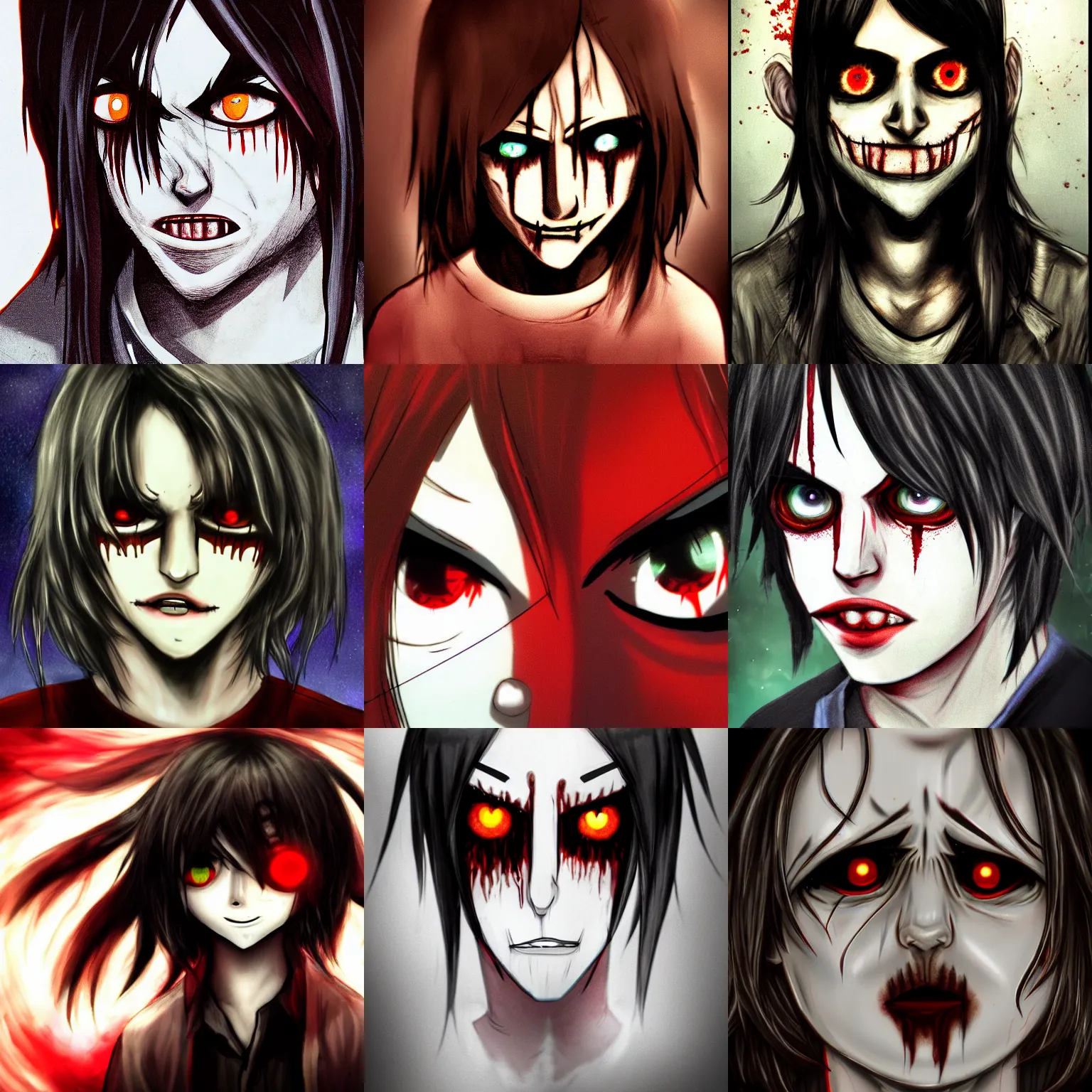 Jeff the Killer, CreepyPasta Character pics (both animated and real life  versions)