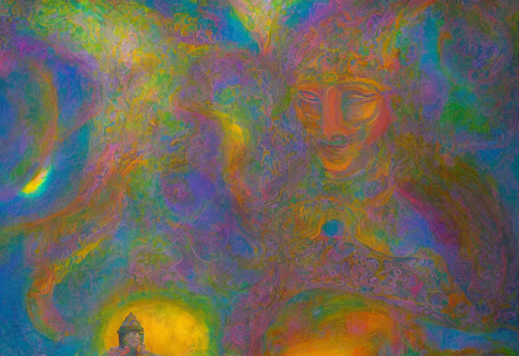 Prompt: iridescent temple of sleep deva architecture dreamer mythos phantasms, award winning oil painting, polychromatic spectrum