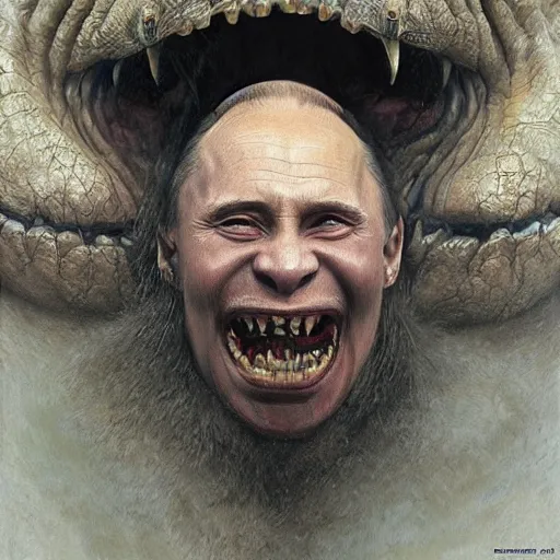 Image similar to vladimir putin, putin is bald caveman, awe face, toothless, saw teeth, reptile eyes, peeling skin, horror macabre face, clown nose, by donato giancola and greg rutkowski and wayne barlow and zdzisław beksinski, realistic face, digital art