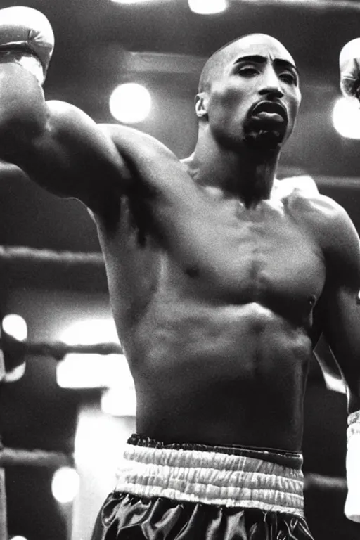Prompt: film still of Tupac as rocky balboa in rocky, 4k