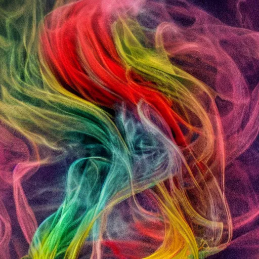 Image similar to multi color smoke with the small ( outstretched ribbed wings and head of a fairytale dragon ), billowy, 8 k, 4 k