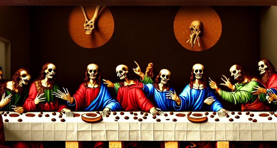 Prompt: masterpiece art last supper, all skeletons, extremely detailed, artstation, by leonardo da vinci, trending on artstation