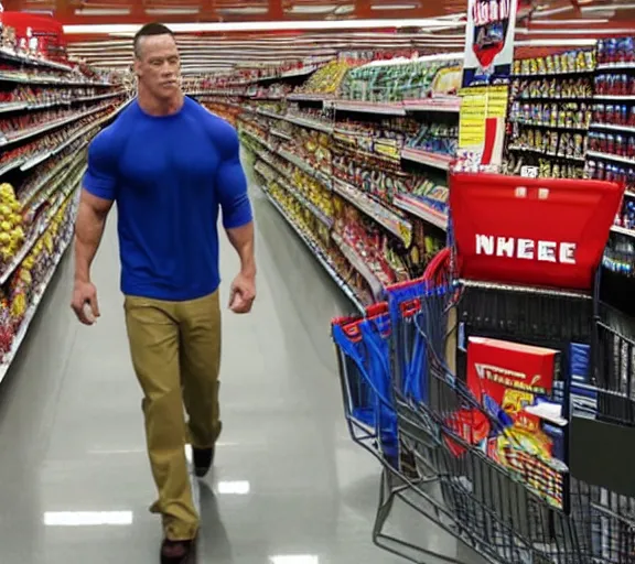 Image similar to a dramatic shot of John cena crying while shopping at HEB