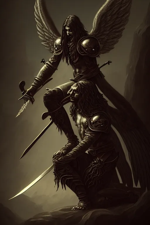 Image similar to fantasy art, fallen man angel kneeling with a sword and shield and wings, close-up, bokeh. dark art masterpiece artstation. 8k, sharp high quality illustration in style of Jose Daniel Cabrera Pena and Leonid Kozienko, Tooth Wu, studio lighting