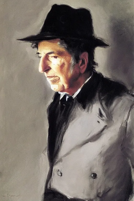 Prompt: “portrait of Leonard Cohen, impeccably dressed, wearing trilby hat, by John Singer Sargent”