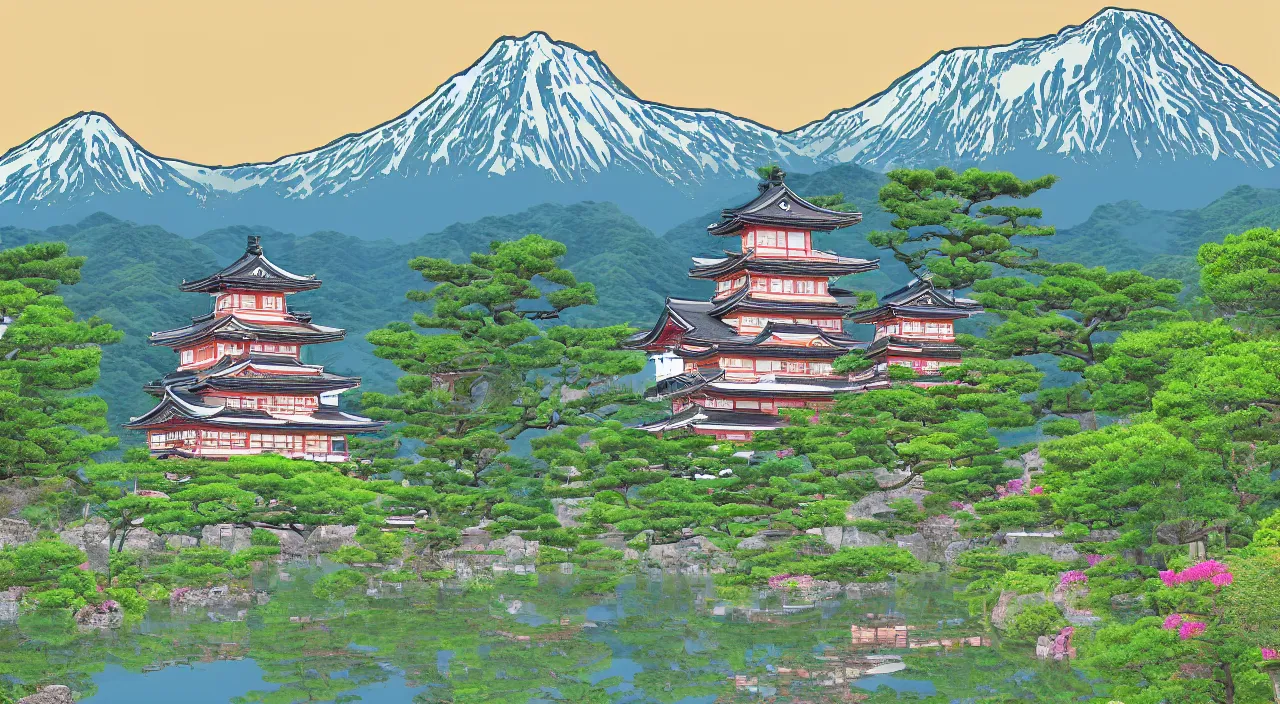 Image similar to a Japanese castle, with a garden as foreground, with mountains as background, in the style of digital art