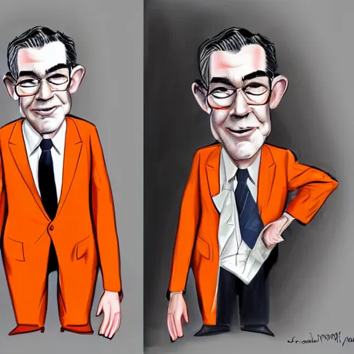 Image similar to Jerome Powell in an orange jail suit, digital art, artstation, caricature, satire