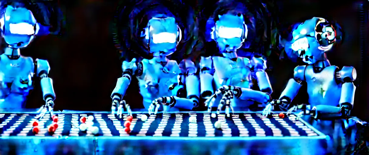 Prompt: a highly detailed photo of two futuristic matte blue full humanoid robots with glowing led eyes and chrome accents, sitting on large midcentury recliners facing off in an intense game of checkers. cinematic movie photograph, cinematic lighting, arri alexa, extremely detailed, smooth, very very clean, 8 k, octane render, maya render, unreal engine, trending on artstation, dslr