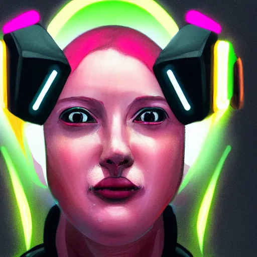 Image similar to Portrait of a woman by Greg Rutkowski, symmetrical face, a girl withj neon pink bob hair using a VR Headset, Kubric Stare, crooked smile, she's wearing an oversized hoodie, highly detailed portrait, scifi, digital painting, artstation, book cover, cyberpunk, concept art, smooth, sharp foccus ilustration, Artstation HQ