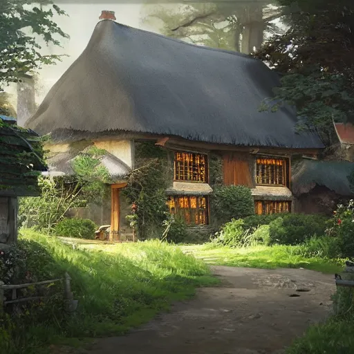 Image similar to concept art painting of an english european cottage with japanese architecture, in the woods, cozy, realistic, detailed, cel shaded, in the style of makoto shinkai and greg rutkowski and james gurney