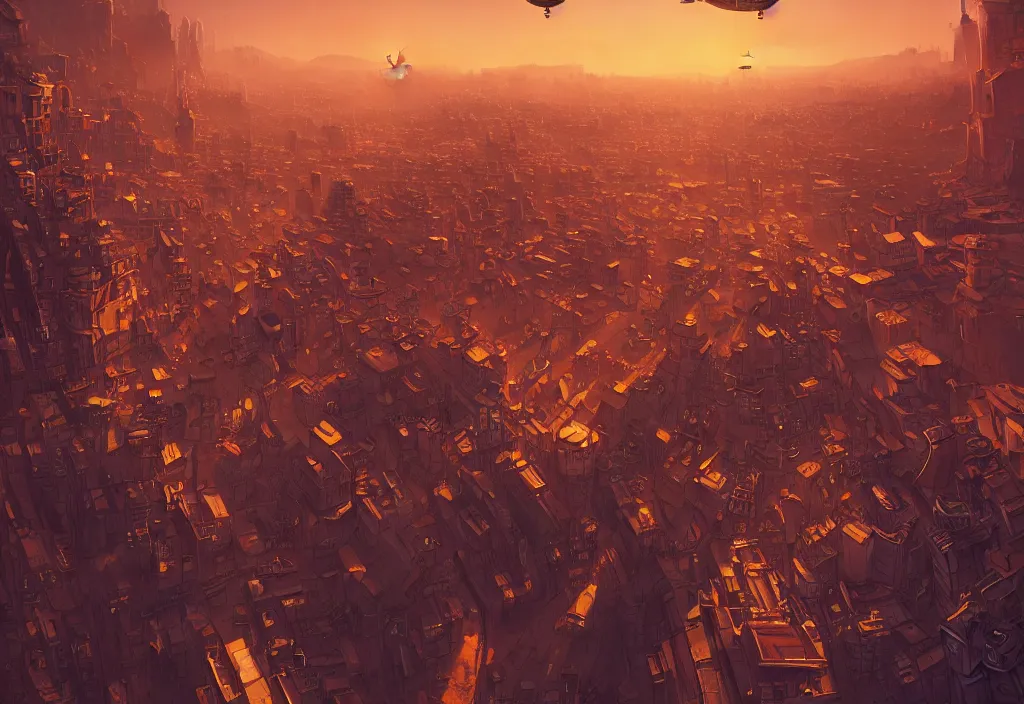 Prompt: flying steampunk city with ceppelin in the middle By alena aenami, digital art, 4k, trending on artstation, highly detailed, golden hour