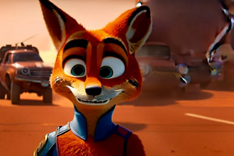 Image similar to nick wilde ( from zootopia ), heavily armed and armored facing down armageddon in a dark and gritty reboot from the makers of mad max : fury road : witness me