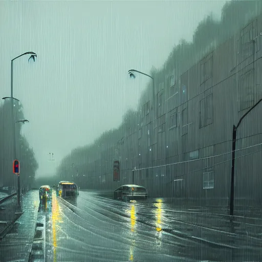 Prompt: an depiction of hell, rainy, wet streets, digital oil painting by simon stalenhag