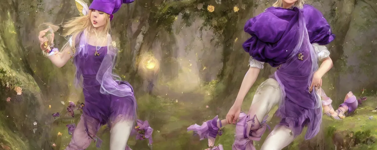 Image similar to Full View of a mysterious fairy maidens with short blond hair wearing an oversized purple Beret, Baggy Purple overall shorts, Short Puffy pants made of silk, silk shoes, a big billowy scarf, Golden Ribbons, white leggings Covered in stars. Short Hair. peasant magic. masterpiece 4k digital illustration by Ruan Jia and Mandy Jurgens and Artgerm and william-adolphe bouguereau, award winning, Artstation, art nouveau aesthetic, Alphonse Mucha background, intricate details, realistic, panoramic view, Hyperdetailed, 8k resolution, intricate art nouveau, smooth, sharp focus