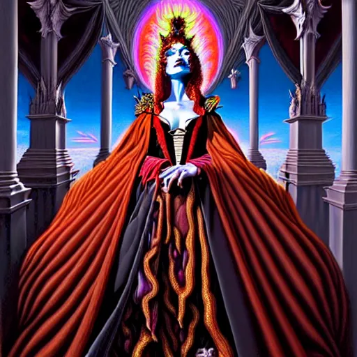 Image similar to beautiful oil painting, full length vampire in baroque coronation robes 1 7 0 1, dan mumford, dan mumford, alex grey, hyacinthe rigaurd, highly detailed, lsd visuals, dmt fractal patterns, visionary art, psychedelic art, ornate, vaporwave, baroque, greg rutkowski