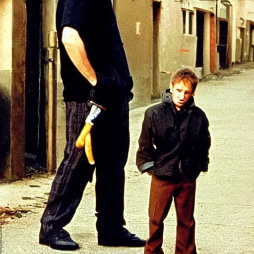 Image similar to portrait of alexandr zembatov and mikhail alontsev, tall and small, posing on a street in gangsta comedy of 1990s, movie shot, Lock, Stock and Two Smoking Barrels