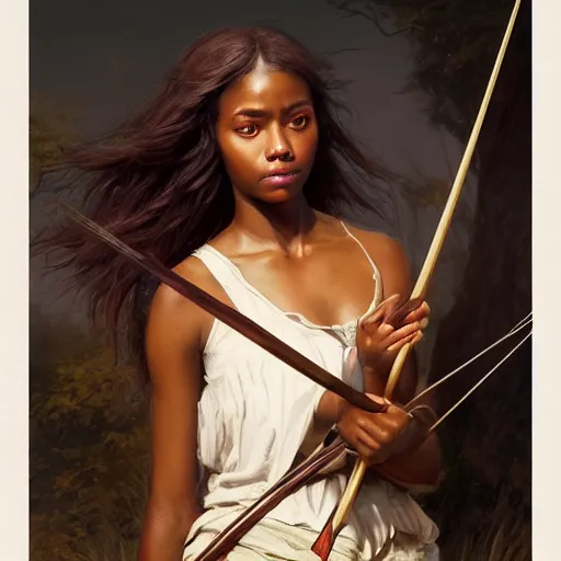 Image similar to artstation concept of a beautiful girl holding a bow and arrow, brown skin, sweaty skin, symmetrical face, casual white garment, brown canyon background, shiny colorful, hyperdetailed, artstation trending, world renowned artists, worth1000.com, historic artworks society, antique renewal, cgsociety, by greg rutkowski, by Gustave Doré, Deviantart