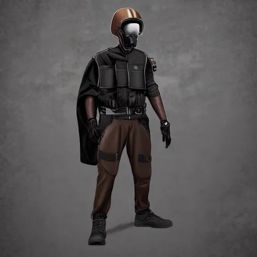 Image similar to futuristic rebel wearing black helmet, brown cloak, technical vest, and a backpack, photorealistic, digital art