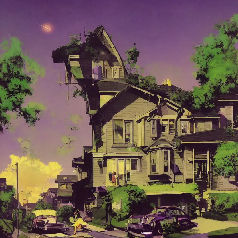 Image similar to a suburban neighborhood with deep green and purple glowing clouds. highly detailed science fiction painting by norman rockwell, frank frazetta, and syd mead. rich colors, high contrast, gloomy atmosphere, dark background. trending on artstation.