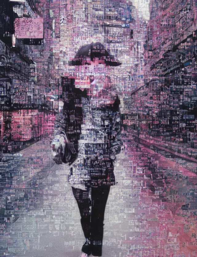 Image similar to dressed korean girl walking the street, redshift, wide high angle view, coloured polaroid photograph with flash, kodak film, hyper real, stunning moody cinematography, anamorphic lenses, by maripol, fallen angels by wong kar - wai, style of suspiria and neon demon and bahnhof zoo, detailed, oil on canvas, glitch datamosh