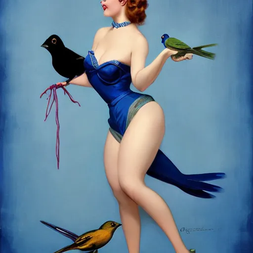 Prompt: portrait of a pinup girl holding an indigo bunting, bird, the bird is wearing a bowtie, by greg rutkowski, rossdraws, gil elvgren, enoch bolles, anime, porcelain skin, very coherent