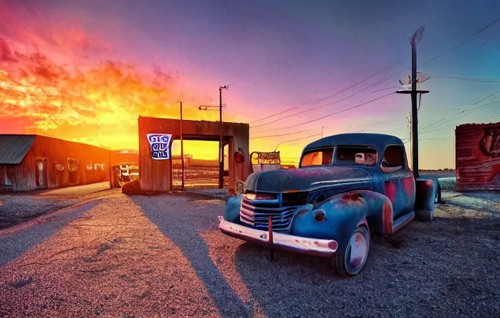 Prompt: A sunset light landscape with historical route66, lots of sparkling details and sun ray’s, blinding backlight, smoke, volumetric lighting, colorful, octane, 35 mm, abandoned gas station, old rusty pickup-truck, beautiful epic colored reflections, very colorful heavenly, softlight