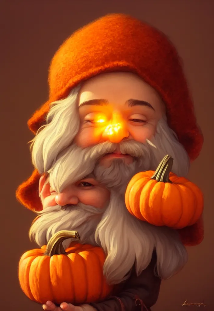 Image similar to hand drawn cute one gnomes face in autumn disguise holding pumpkin, detailed closeup face, concept art, low angle, high detail, warm lighting, volumetric, godrays, vivid, beautiful, trending on artstation, art by artgerm and greg rutkowski and alphonse mucha