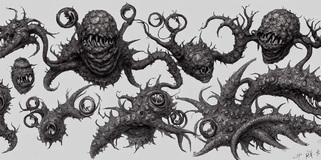 Prompt: hyperrealistic concept sheet of dnd beholder in the style of jin kagetsu, patricia piccinini, james jean and wlop, highly detailed, masterpiece, award - winning, sharp focus, intricate concept art, ambient lighting, 8 k, artstation