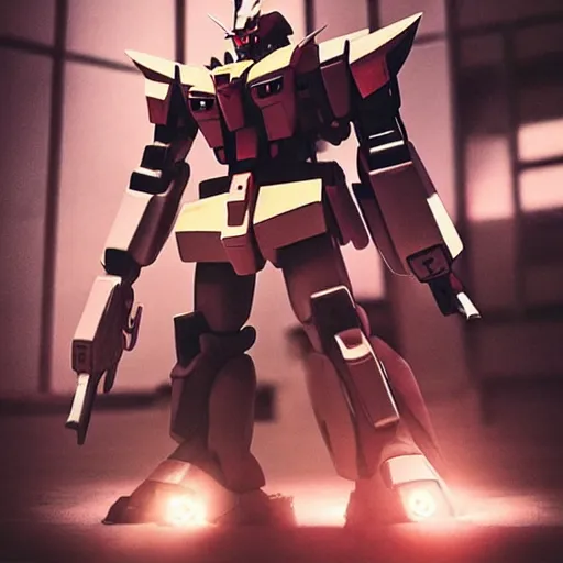 Image similar to “A wide shot of a gigantic Gundam in an urban city, dreamcore aesthetic, taken with a Pentax K1000, Softbox Lighting, 85mm Lens”