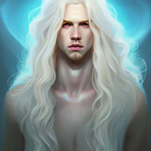 Prompt: Lucius the pale blond androgynous god of the sun, highly detailed, very very very long curly blond hair, extremely luscious curly blond hair, very very very pale white skin, digital painting, artstation, concept art, soft light, sharp focus, illustration