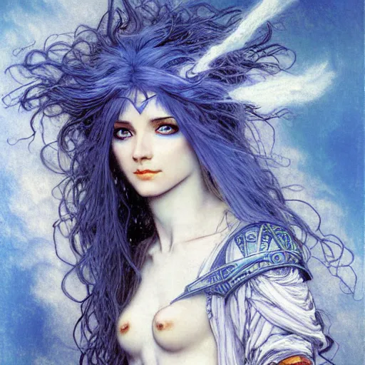 Image similar to half - length portrait of a female lightning genasi with blue skin and white hair made of sirrus clouds, full white robes, medieval, fantasy, d & d, luis royo, klimt, alphonse mucha