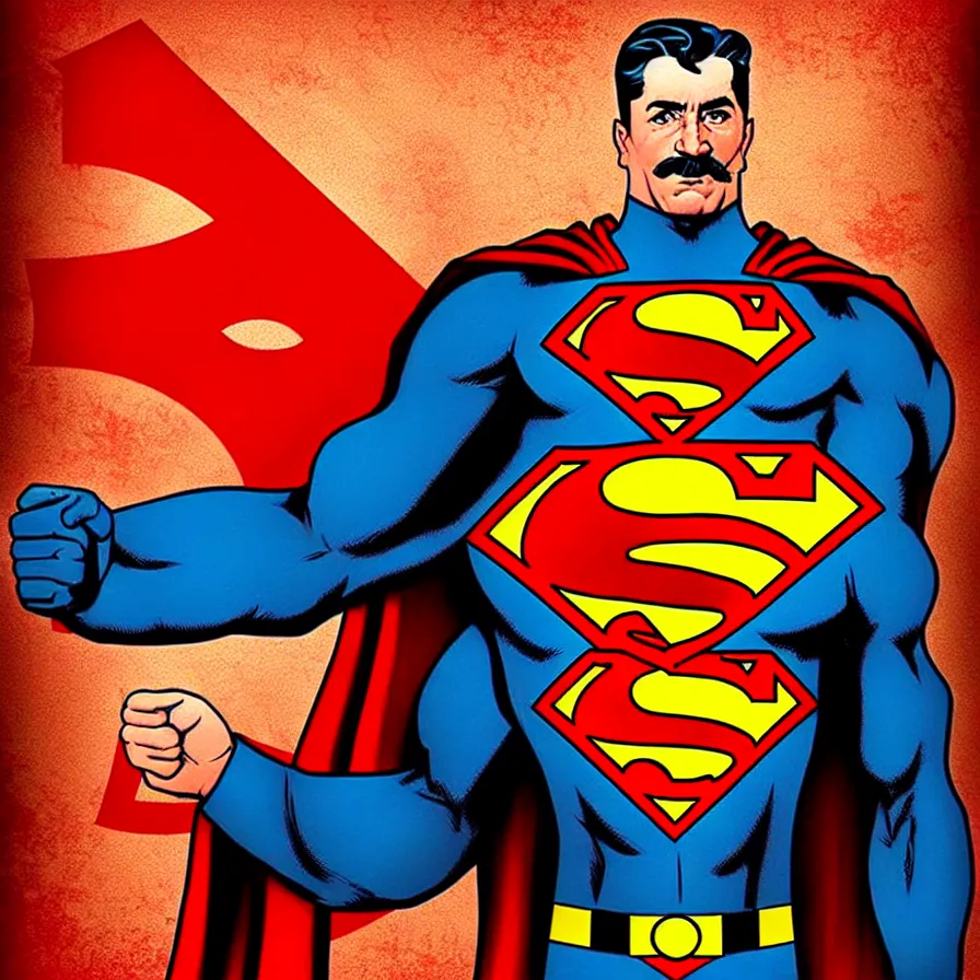 Image similar to epic comic book cover of stalin as superman floating over the red square ( moscow ), socialist realism, aesthetically pleasing, finely detailed facial features, photorealistic, intricate digital art, trending artstation, artgem, rich moody colors, fan art, concept art, in the style of the red son, by cory walker and ryan ottley