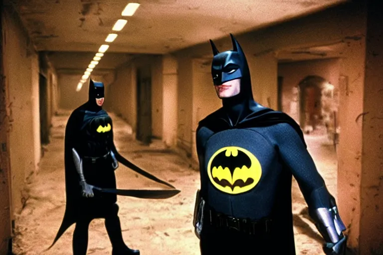 Image similar to michael keaton batman wearing pink apron wielding an axe, chasing through old brown decrepit hallway, creepy smile, atmospheric eerie lighting, dim lighting, bodycam footage, motion blur, photograph