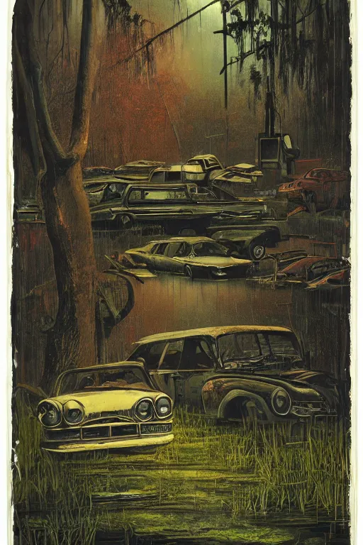 Image similar to scene fromlouisiana swamps, old protestant church with neon cross, junkyard by the road, boy scout troop, voodoo artwork by tim eitel