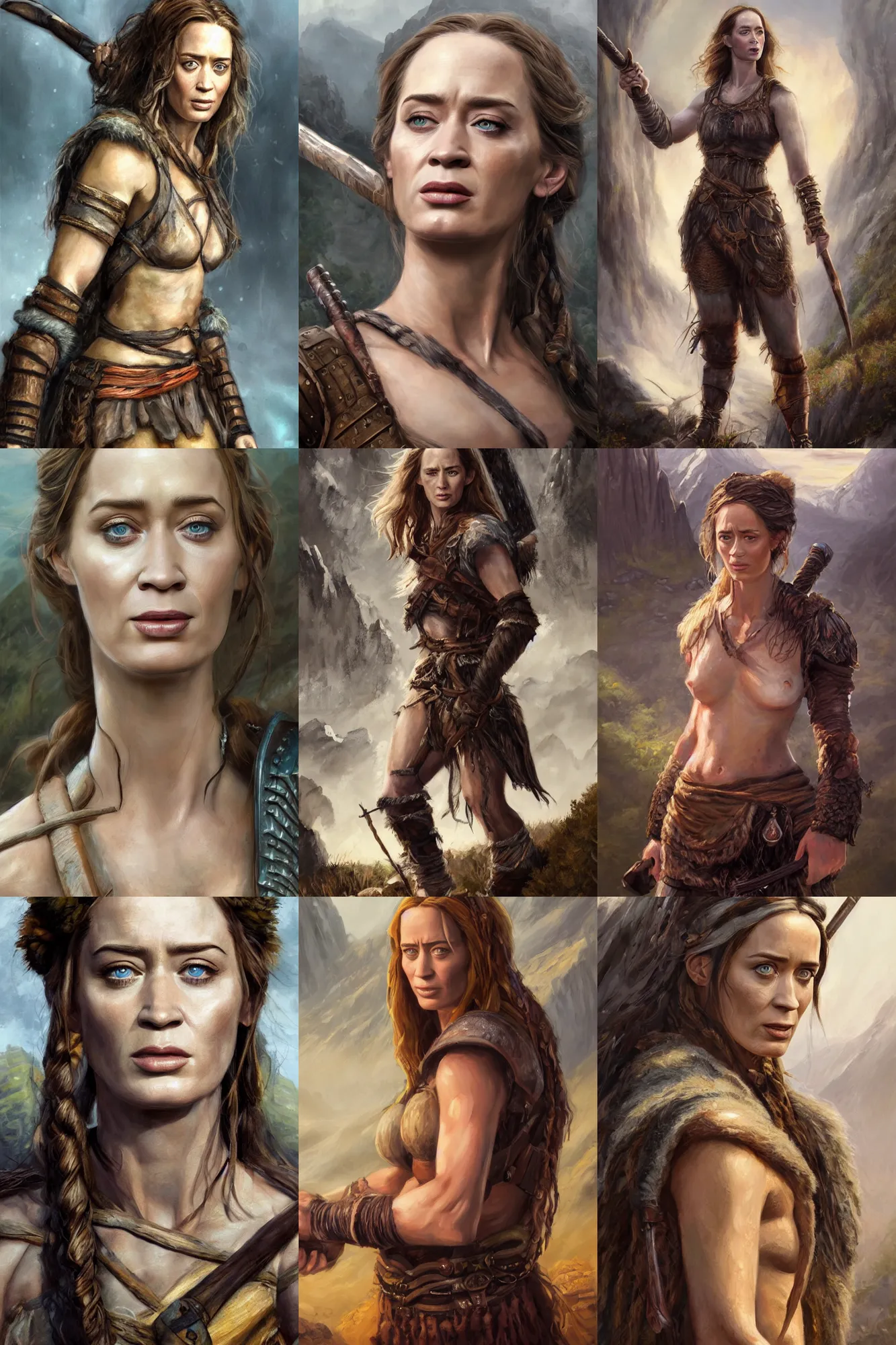 Prompt: a full body high detail fantasy portrait oil painting illustration of emily blunt as a beautiful young rugged stoic barbarian woman by justin sweet with face and body clearly visible, in a scenic background, pupils visible, realistic proportions, d & d, rpg, forgotten realms, artstation trending, high quality, sombre mood, artstation trending, muted colours, entire person visible!