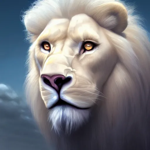 Image similar to a beautfiul aesthetic commission portrait of a anthro albino lion looking at the sky worried,attractive beautiful face,detailes face,expression,natural lighting,fantasy art,deviantart,artstation,character design by charles bowater,ross tran,greg rutkowski,4k,photorealistic