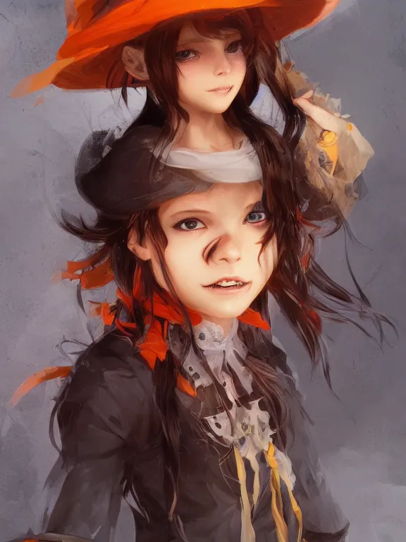 Prompt: Full shot of a cute mischievous young witch about to get up to some trouble. Latin American fashion. Black and Orange palette. Latina girl. brown skin. By Ruan Jia and Artgerm and Range Murata and WLOP. Key Art. Fantasy Illustration. award winning, Artstation, intricate details, realistic, Hyperdetailed, 8k resolution.