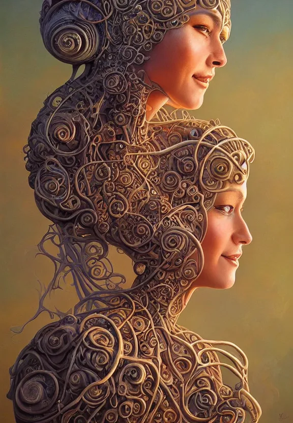 Prompt: perfectly centered portrait front view of a beautiful biomechanical mushroom goddess, flowing hair, intense stare, sweet smile, symmetrical, concept art, intricate detail, volumetric shadows and lighting, realistic oil painting by tim hildebrandt,