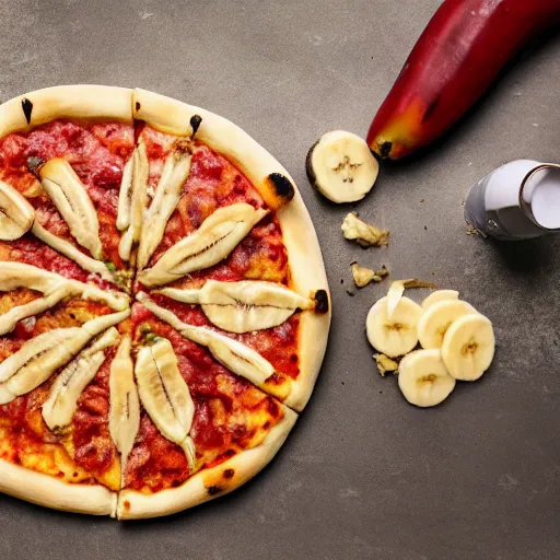 Prompt: a photo a whole unpeeled banana on top of a pizza, food photo, professional food photo, iphone, whole banana 4 k