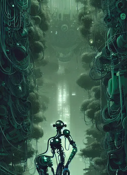 Prompt: highly detailed portrait of a biopunk cyborg long curly white hair tribal lady, stray wiring by atey ghailan, james gilleard, by joe fenton, by greg rutkowski, by greg tocchini, by kaethe butcher, 4 k resolution, gradient green, black and white color scheme!!! ( ( forested robotic dense jungle background ) )