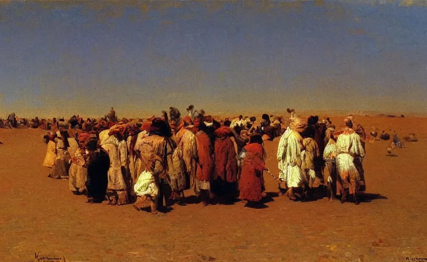 Image similar to high quality high detail painting by ilya repin, a long row of people in the desert, hd