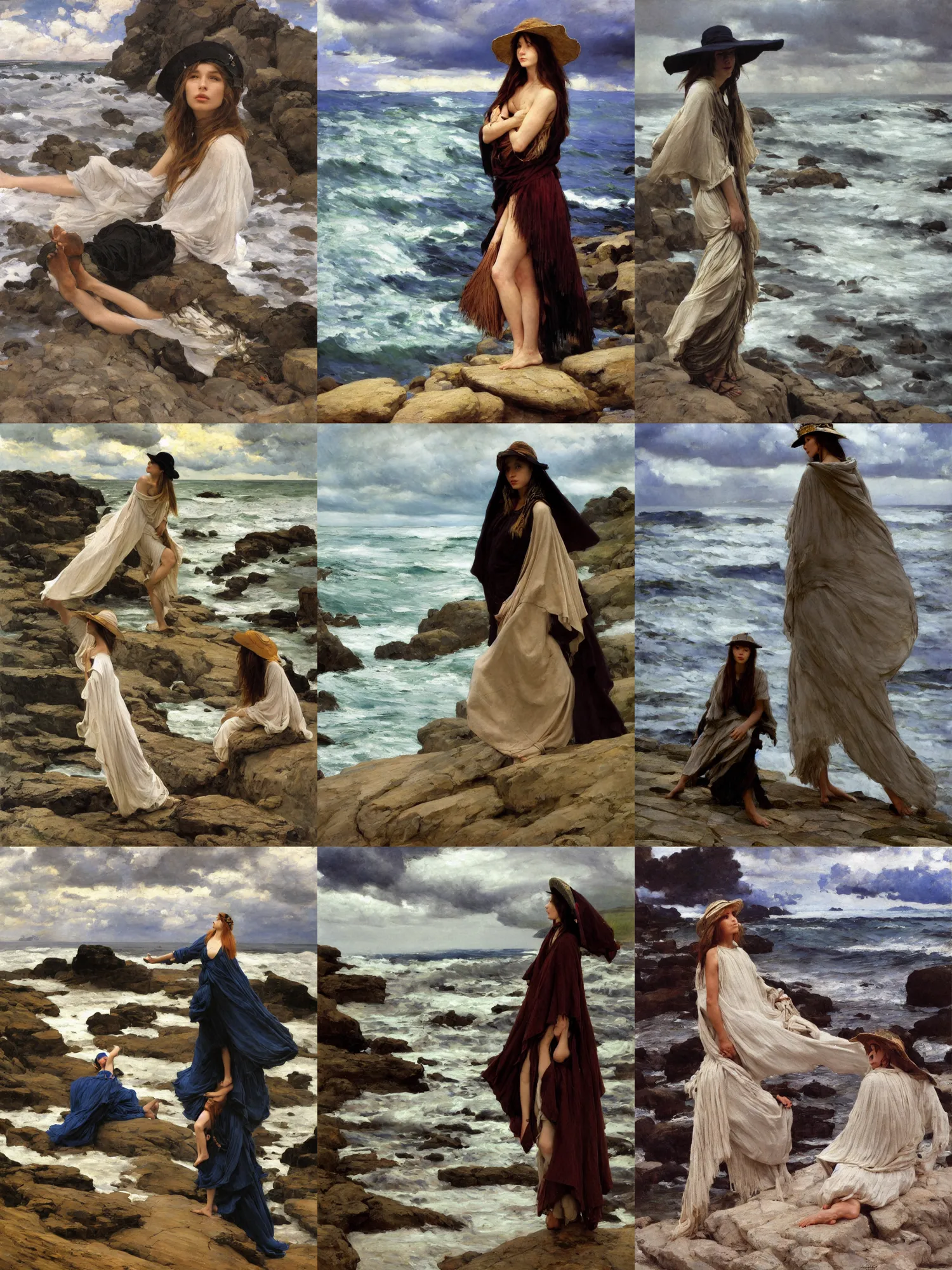 Prompt: dramatic light, thunder clouds in the sky, stormy sea by frederick judd waugh, simple form, brutal shapes, shaman, portrait of fashionable young woman wearing rich jewerly hat and boho poncho, pixiv, lying pose on stones, 1970s fashion, anime, studio ghiblil, artwork by Joaquin Sorolla and john william waterhouse and Denis Sarazhin and James Jean and klimt and rhads and van gogh and Dean Ellis and Detmold Charles Maurice