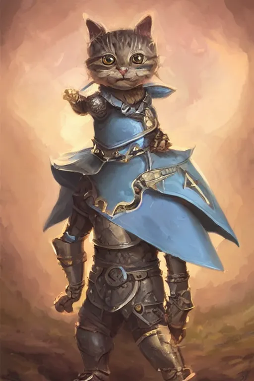 Image similar to cute little anthropomorphic cat knight wearing a cape and a crown, tiny, small, miniature cat , baby animal, short, pale blue armor, cute and adorable, pretty, beautiful, DnD character art portrait, matte fantasy painting, DeviantArt Artstation, by Jason Felix by Steve Argyle by Tyler Jacobson by Peter Mohrbacher, cinematic lighting