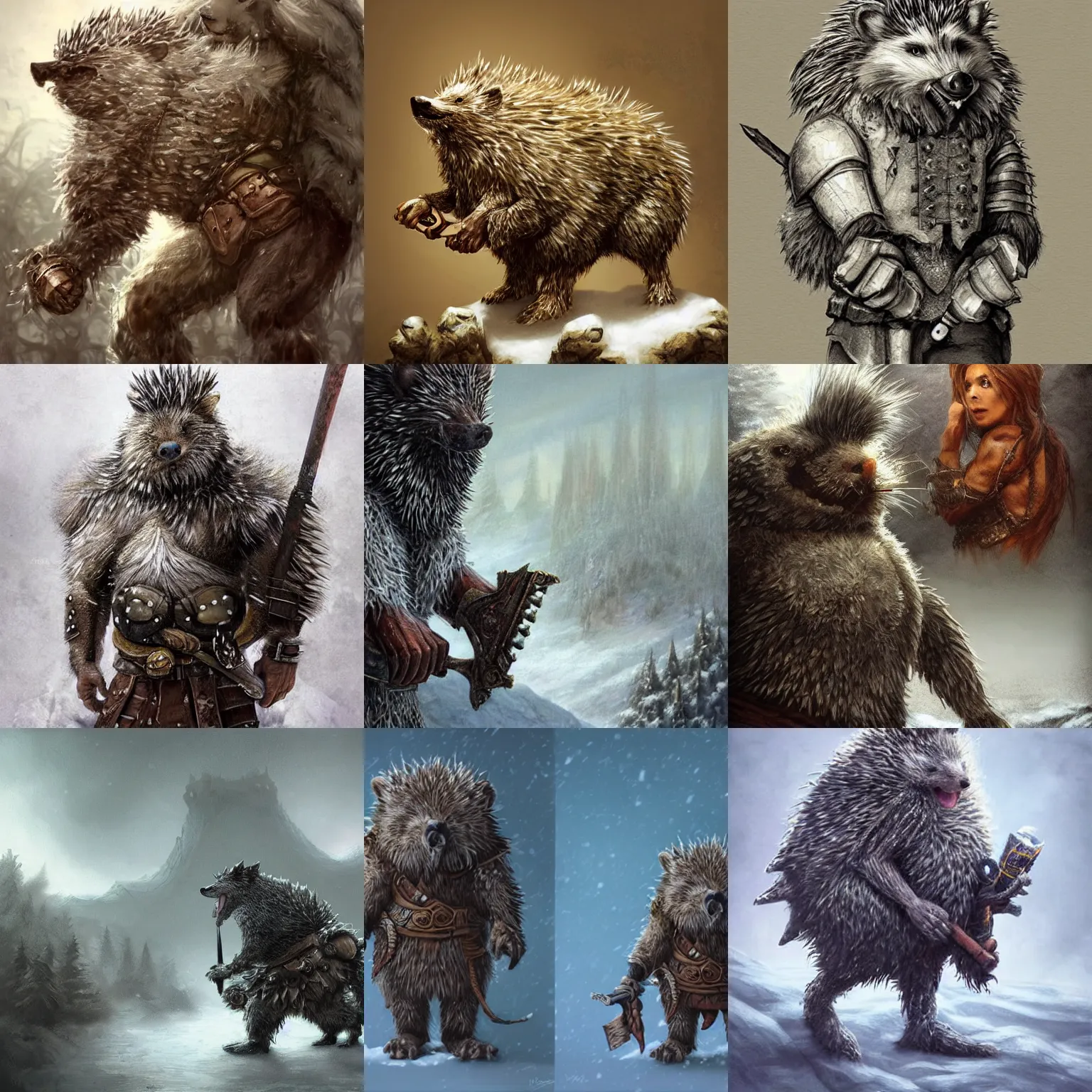 Prompt: anthropomorphic rugged hedgehog!!! with furry!! oversized barbarian muscular armored upper body long hair,snow foggy mist, 👅 👅 , D&D, fantasy, intricate, elegant, highly detailed, digital painting, artstation, concept art, smooth, sharp focus, illustration, art by artgerm and beeple and greg rutkowski and alphonse mucha