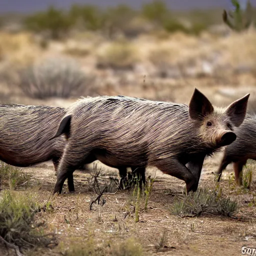 Prompt: photo of a pack of wild pigs, in the Texas desert, cactus, desert mountains, big bend, 50mm, beautiful photo,