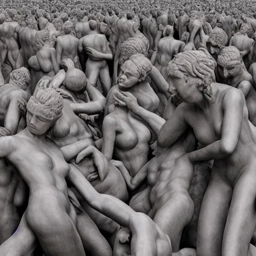 Image similar to hundreds of humans. A sea of humans. interconnected flesh. Crowdcrush. Many humans intertwined and woven together. Bodies and forms amesh. Sculpture by Auguste Rodin.