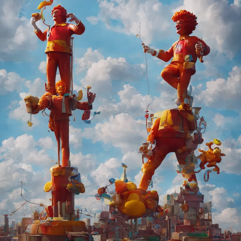 Image similar to ronald mcdonald statue in the world by beeple, darek zabrocki, tyler edlin, jordan grimmer, neil blevins, james paick, natasha tan, highly detailed, ultra detailed, ultra realistic, trending on artstation